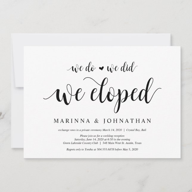 Modern Rustic, Black script, Wedding Elopement Invitation (Front)
