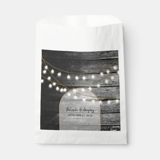Modern Rustic Black Wood Gold Lights Arch Wedding  Favour Bags (Front)