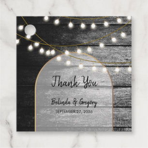 Modern Rustic Black Wood Gold Lights Arch Wedding Favour Tags