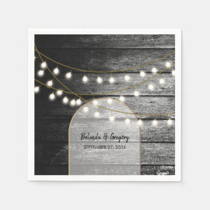 Modern Rustic Black Wood Gold Lights Arch Wedding Napkin