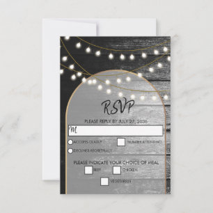 Modern Rustic Black Wood Gold Lights Arch Wedding RSVP Card