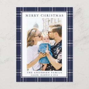 Modern Rustic Blue Plaid Photo Christmas Card 