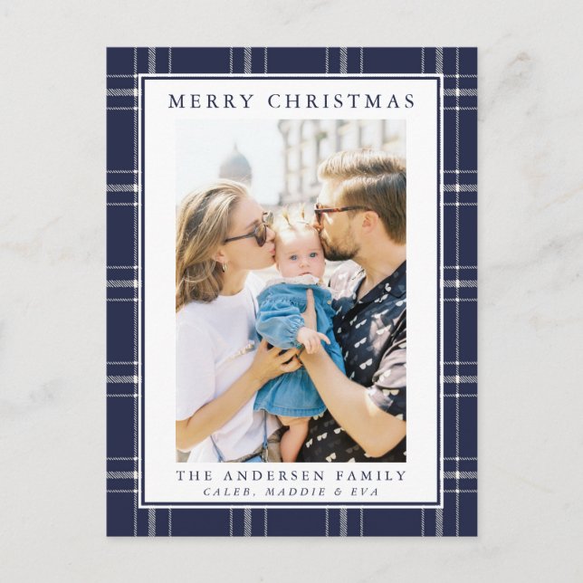 Modern Rustic Blue Plaid Photo Christmas Card  (Front)