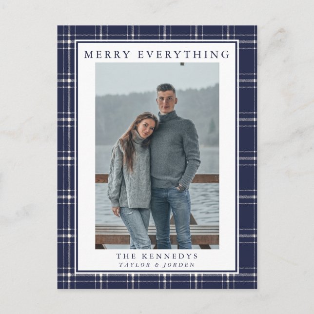 Modern Rustic Blue Plaid Photo Christmas Card (Front)