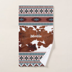 Modern Rustic Boho Western Cowhide  Bath Towel Set