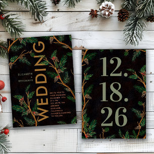 Modern Rustic Bold Holly Berries Christmas Wedding Invitation