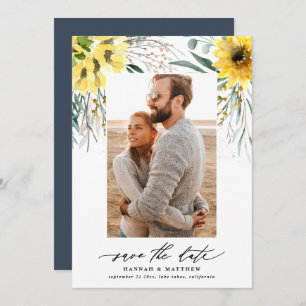 Modern rustic botanical eucalyptus sunflower photo save the date