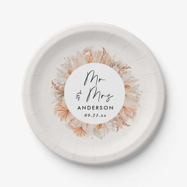 modern rustic botanical pampas grass Mr & Mrs Paper Plate (Front)