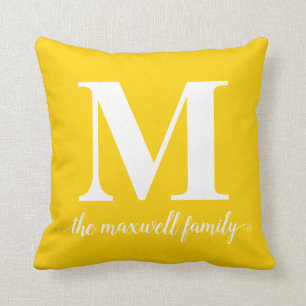 Modern Rustic Bright Yellow Monogram Family Script Cushion