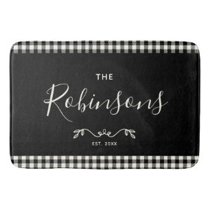 Modern Rustic Buffalo Check Plaid Family Script Bath Mat