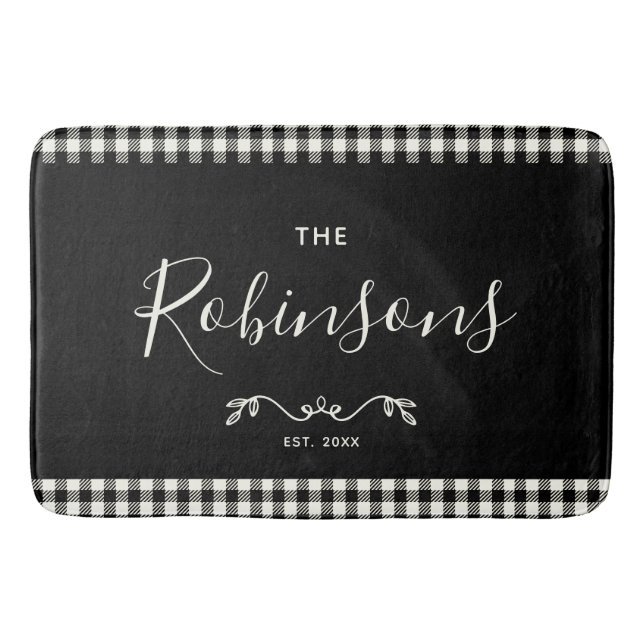 Modern Rustic Buffalo Check Plaid Family Script Bath Mat (Front)