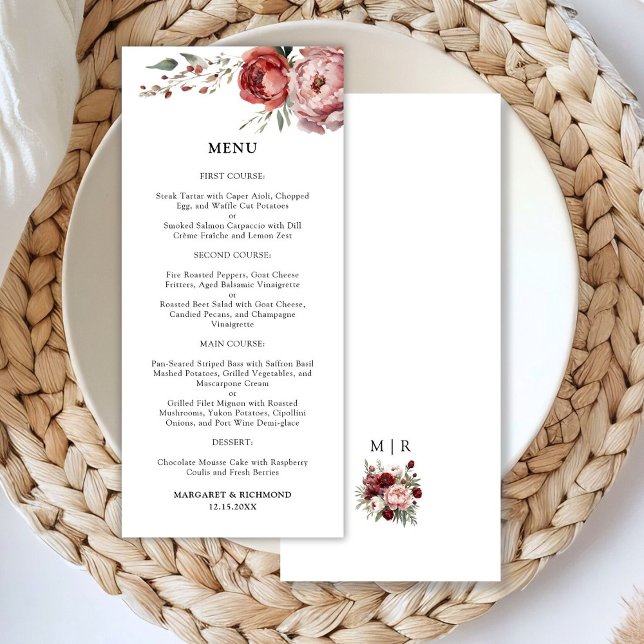 Modern Rustic Burgundy Blush Floral Wedding Menu (Creator Uploaded)