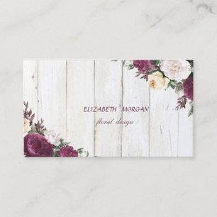 Modern Rustic Burgundy Floral Wood Texture Business Card