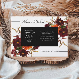 Modern Rustic Burgundy Red Fall Dahlia Wedding Invitation