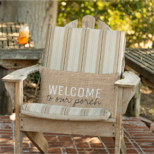 Modern Rustic burlap family Welcome to our Porch Lumbar Cushion