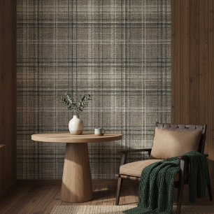 Modern Rustic Burlap Plaid Black Wallpaper