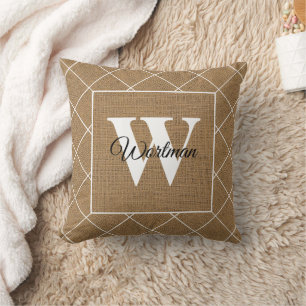 Modern Rustic Burlap White Monogram Cushion