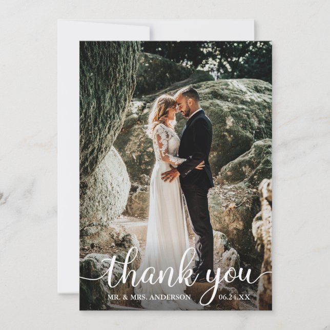 Modern Rustic Calligraphy Script Wedding Photo Thank You Card (Front)