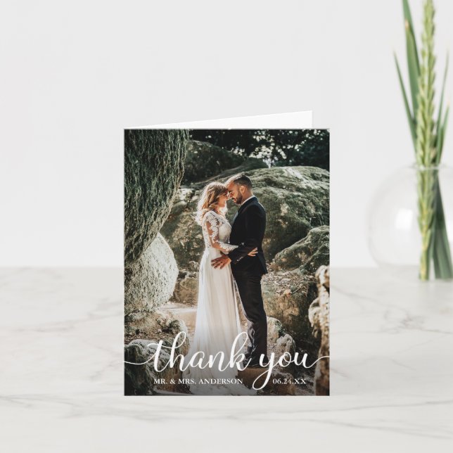 Modern Rustic Calligraphy Wedding Photo Note Thank You Card (Front)