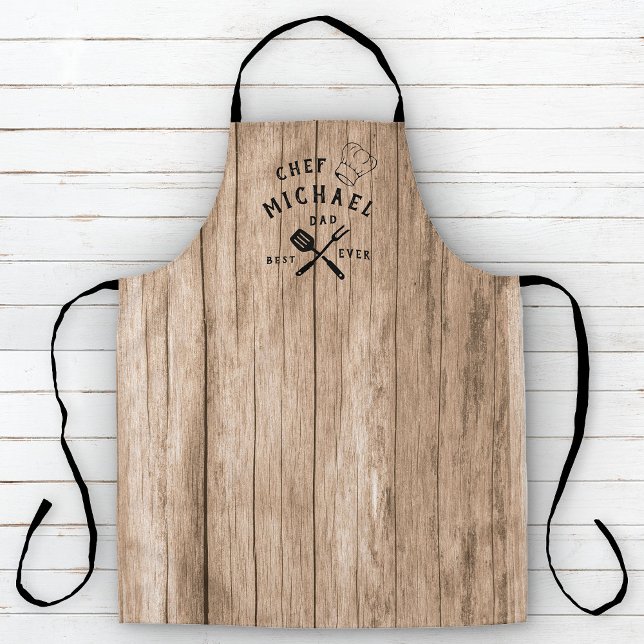 Modern Rustic Chef BEST DAD EVER Custom Wood Adult Apron (Creator Uploaded)
