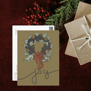 Modern Rustic Christmas Joy Botanical Wreath Holiday Postcard