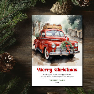 Modern rustic Christmas red car holiday design Card