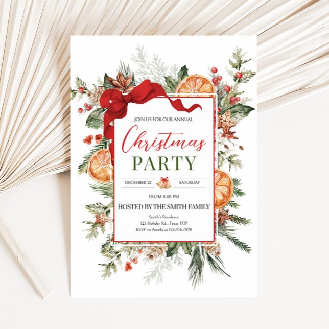 Modern Rustic Citrus Orange Christmas Party Invitation (Modern Rustic Citrus Christmas Party Invitation)