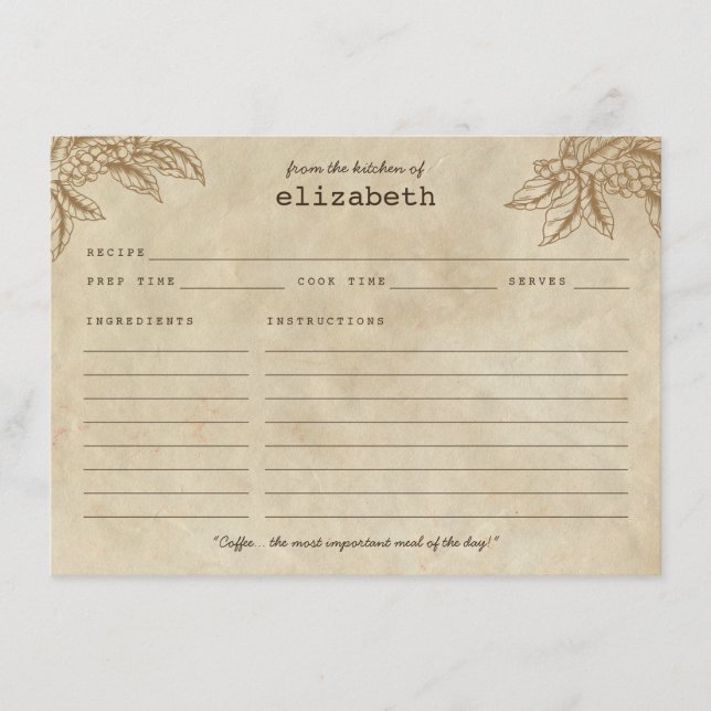 Modern Rustic Coffee Plant Beans Quote Recipe Card (Front)