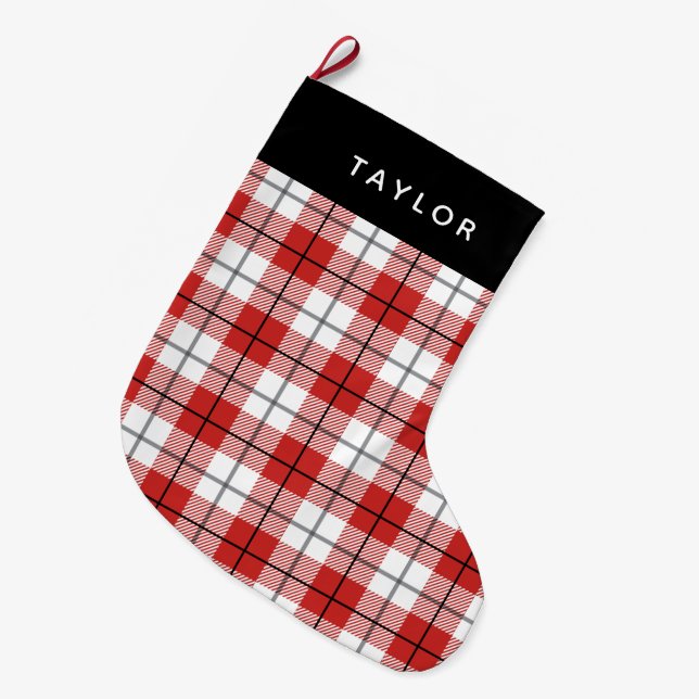 Modern Rustic Country Red & White Flannel Plaid Large Christmas Stocking (Front (Hanging))