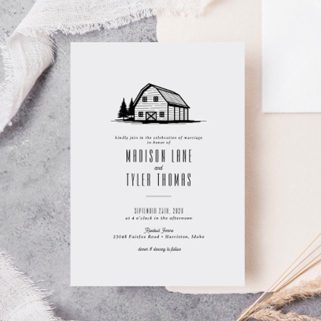 Modern Rustic Country White Barn Wedding Invitation (Creator Uploaded)