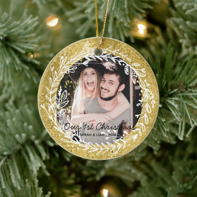 Modern rustic couple photo our 1st Christmas Ceramic Tree Decoration (Tree)