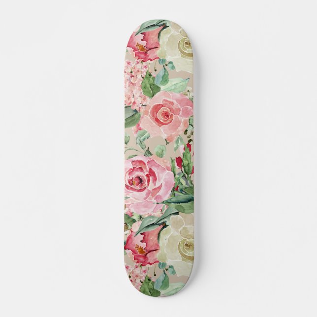 Modern rustic creme rose pink watercolor floral skateboard (Front)