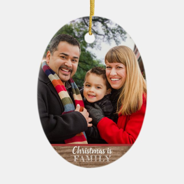 Modern Rustic Custom 2-Photo Family Christmas Ceramic Tree Decoration (Front)