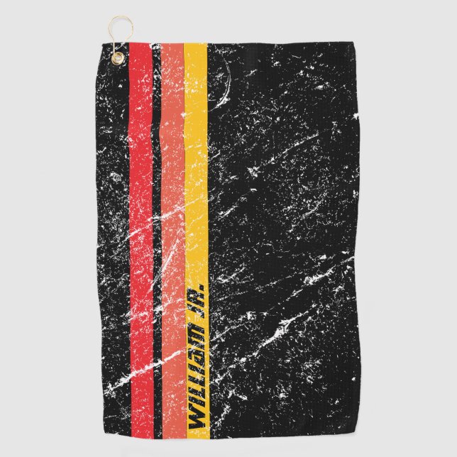Modern Rustic Custom Name | Red Orange Yellow Line Golf Towel (Front)