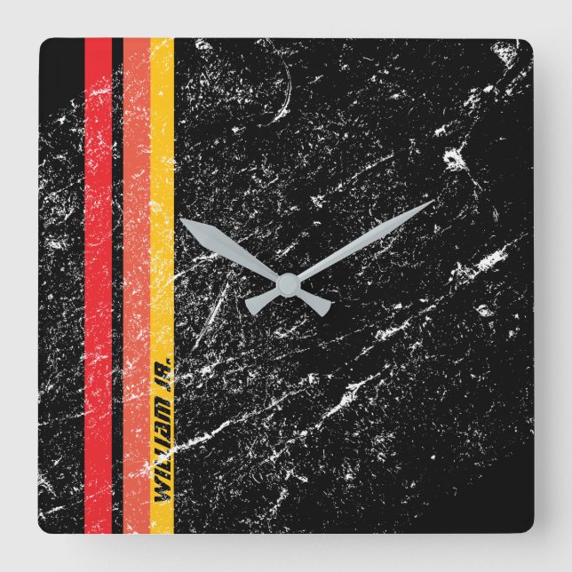 Modern Rustic Custom Name | Red Orange Yellow Line Square Wall Clock (Front)