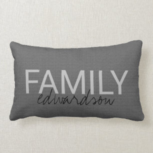 Modern rustic dark grey burlap custom family name lumbar cushion