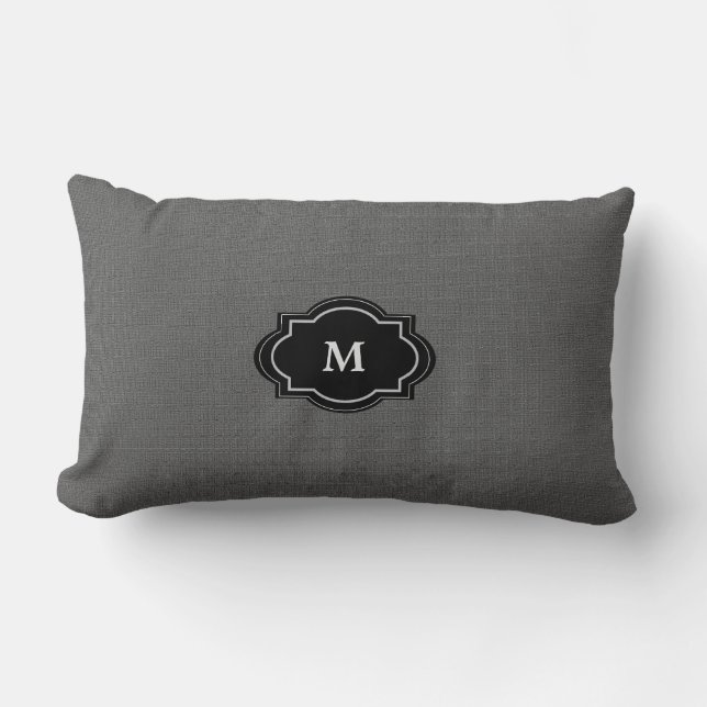 Modern Rustic dark Grey burlap Family Monogram Lumbar Cushion (Front)
