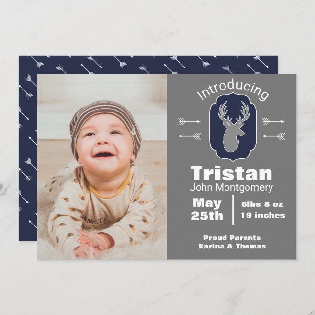 Modern Rustic Deer & Arrows Birth Announcement (Front/Back)