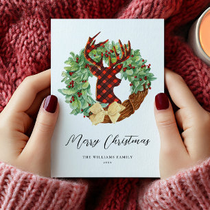 Modern Rustic Deer Christmas Wreath Non-Photo Holiday Card
