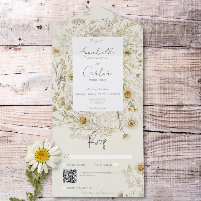 Modern Rustic Dried Daisies Floral QR Code All In One Invitation (Modern Rustic Dried Daisies Floral QR Code All In One Invitation)
