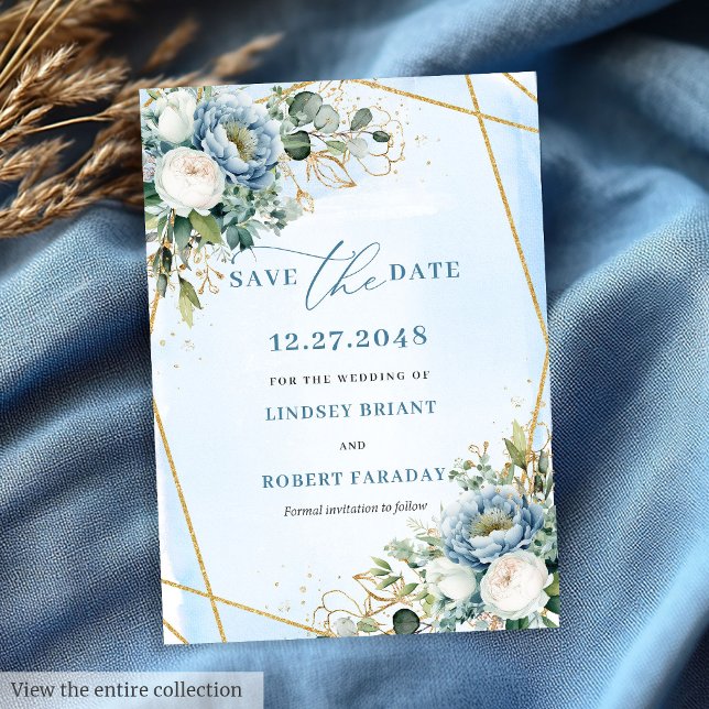 Modern Rustic Dusty Blue White Gold Floral Invitation (Modern Rustic Dusty Blue White Gold Floral Save The Date)
