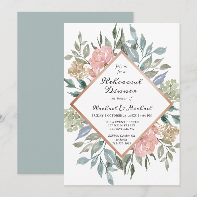 Modern Rustic Dusty Chic Floral Rehearsal Dinner Invitation (Front/Back)