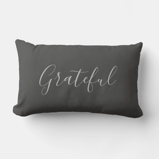 Modern rustic elegant dark grey grateful script lu lumbar cushion (Front)