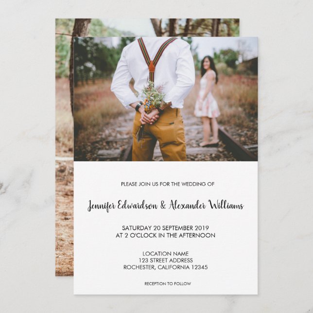 Modern rustic elegant photo wedding invitation (Front/Back)