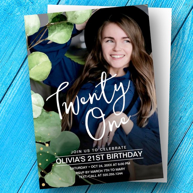 Modern rustic elegant twenty one 21 birthday photo invitation (Creator Uploaded)