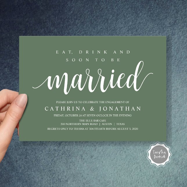 Modern Rustic, Engagement Party Celebration Invitation (Modern Wedding Engagement Party Invitation Card, Eat, Drink and Soon To Be Married, Sage Green)