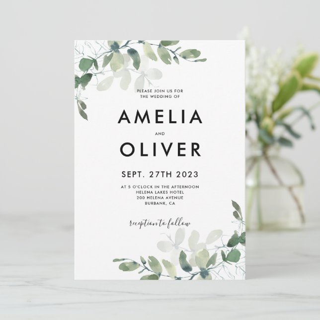 Modern Rustic Eucalyptus Leaves Greenery Wedding Invitation (Standing Front)
