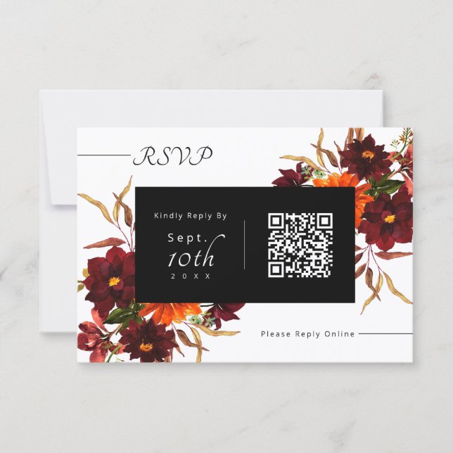 Modern Rustic Fall Floral QR Code Wedding RSVP Card (Front)