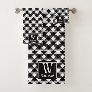 Modern Rustic Farmhouse Black White Plaid Monogram Bath Towel Set