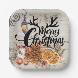 Modern rustic farmhouse Pine cones Christmas Wood Paper Plate
